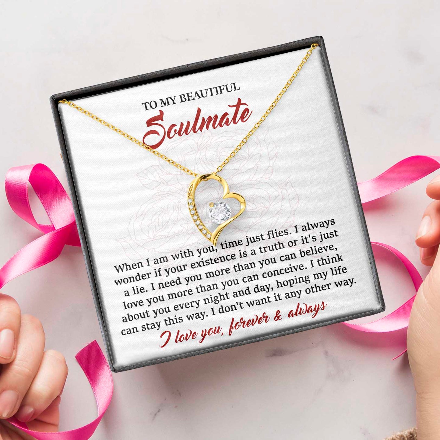 To My Beautiful Soulmate, I Need You, Forever Love Heart Necklace Message Card