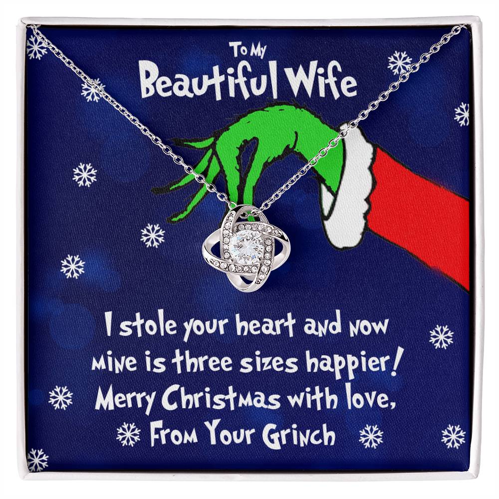 Grinch Necklace For Wife, To My Beautiful Wife, I Stole Your Heart, Love Knot Necklace