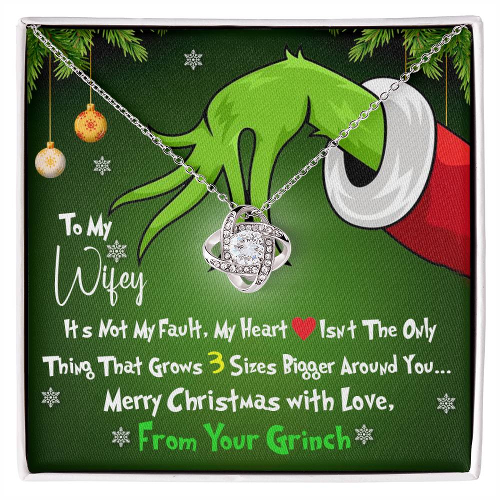Grinch Necklace For Wife, Funny Gift For Wife, My Heart Isn't The Only Thing That Grows 3X Bigger Around You, Love Knot Necklace Message Card