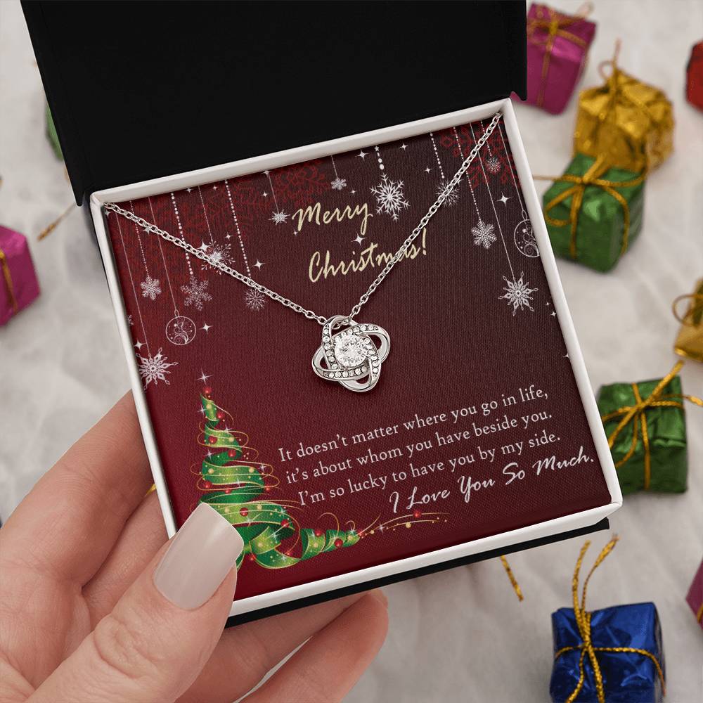 Christmas Message Card Jewelry, I Am So Lucky To Have You By My Side, Love Knot Necklace Message Card