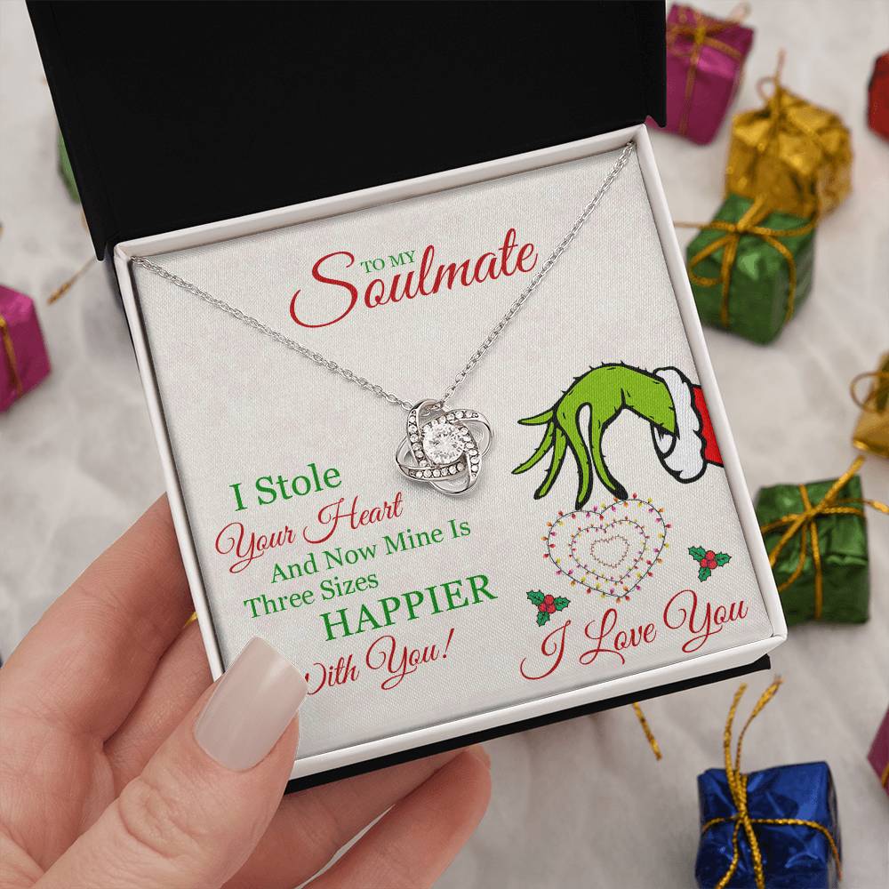 To My Soulmate, Grinch Necklace For Wife, I Stole Your Heart, Love Knot Necklace Message Card
