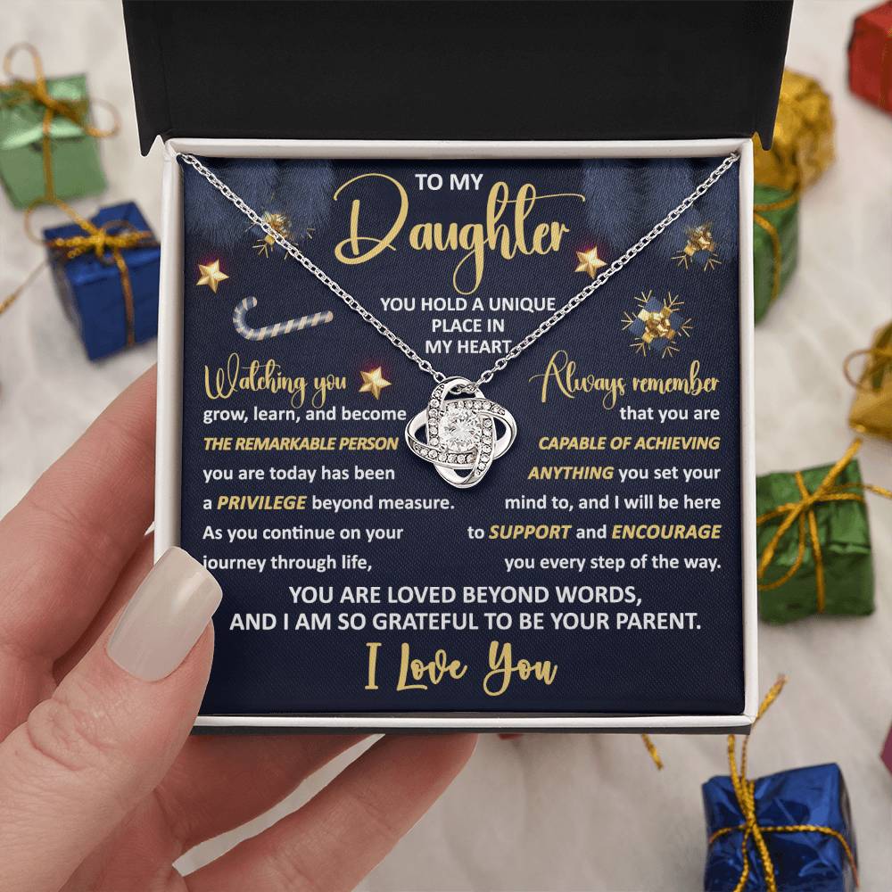 Gift For Daughter From Mom, Christmas Gift For Daughter, Unique Place In The Heart, Love Knot Necklace Message Card
