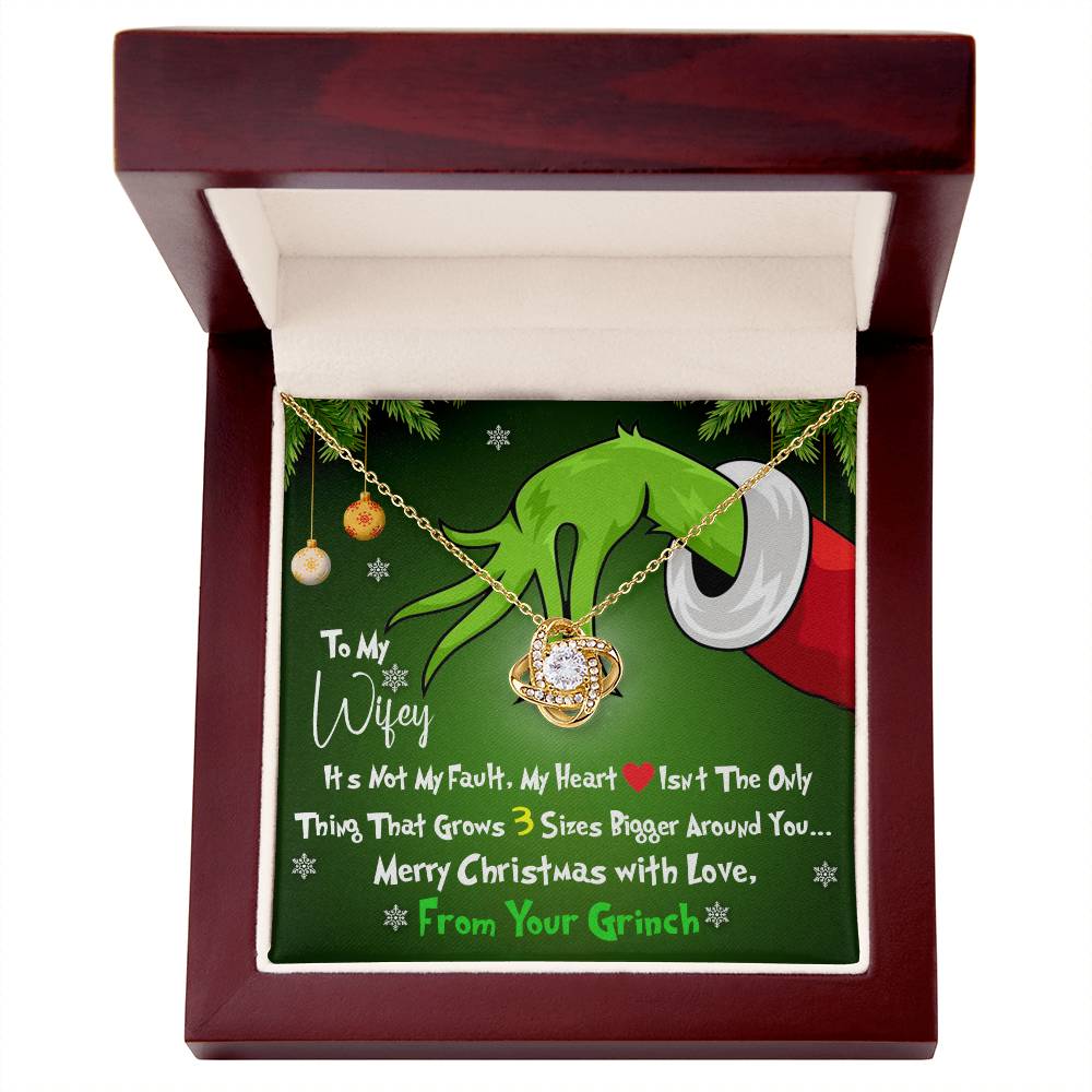 Grinch Necklace For Wife, Funny Gift For Wife, My Heart Isn't The Only Thing That Grows 3X Bigger Around You, Love Knot Necklace Message Card