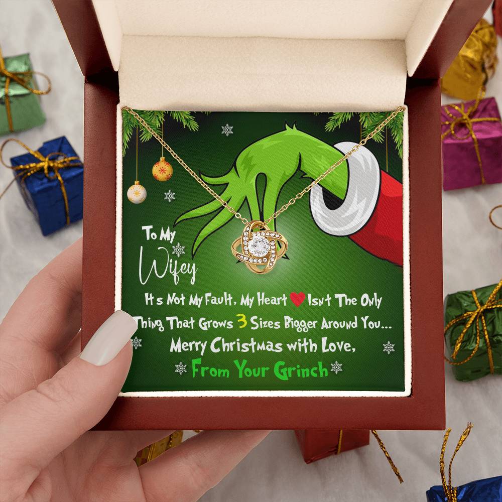 Grinch Necklace For Wife, Funny Gift For Wife, My Heart Isn't The Only Thing That Grows 3X Bigger Around You, Love Knot Necklace Message Card