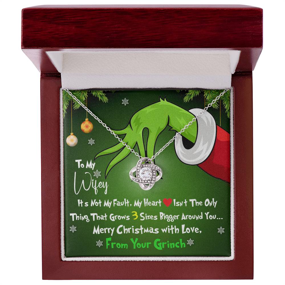 Grinch Necklace For Wife, Funny Gift For Wife, My Heart Isn't The Only Thing That Grows 3X Bigger Around You, Love Knot Necklace Message Card