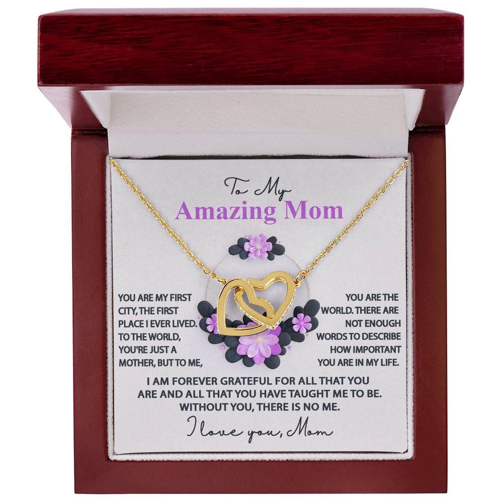 To My Amazing Mom, Forever Grateful, Interlocking Hearts Necklace