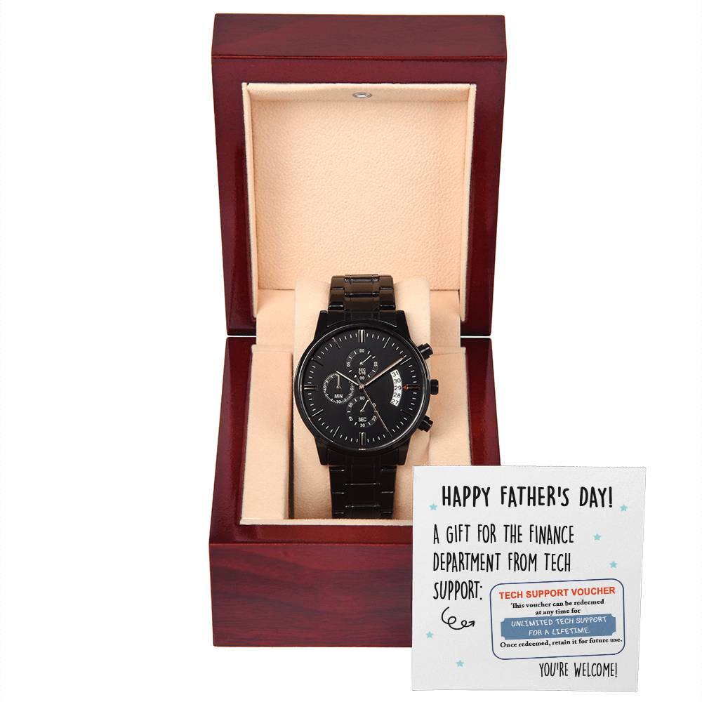 To My Dad, Happy Fathers Day, Tech Support Voucher, Black Chronograph Watch, Funny Gift For Dad