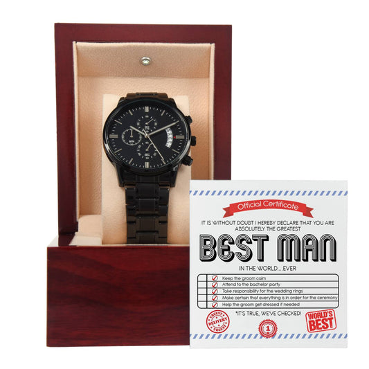 To My Best Man, Official Certificate, Greatest Best Man In The World, Black Chronograph Watch