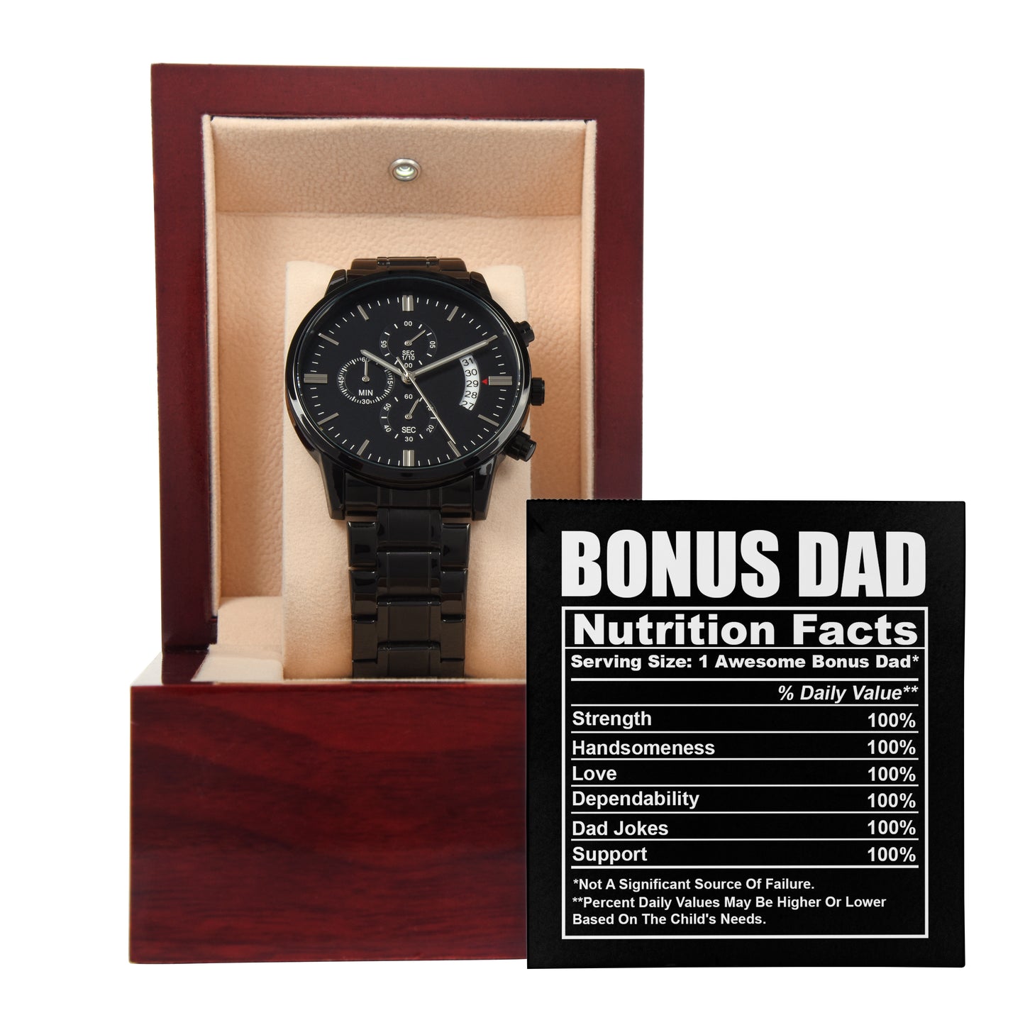 To My Bonus Dad, Nutrition Facts, Black Chronograph Watch, Funny Gift For Dad