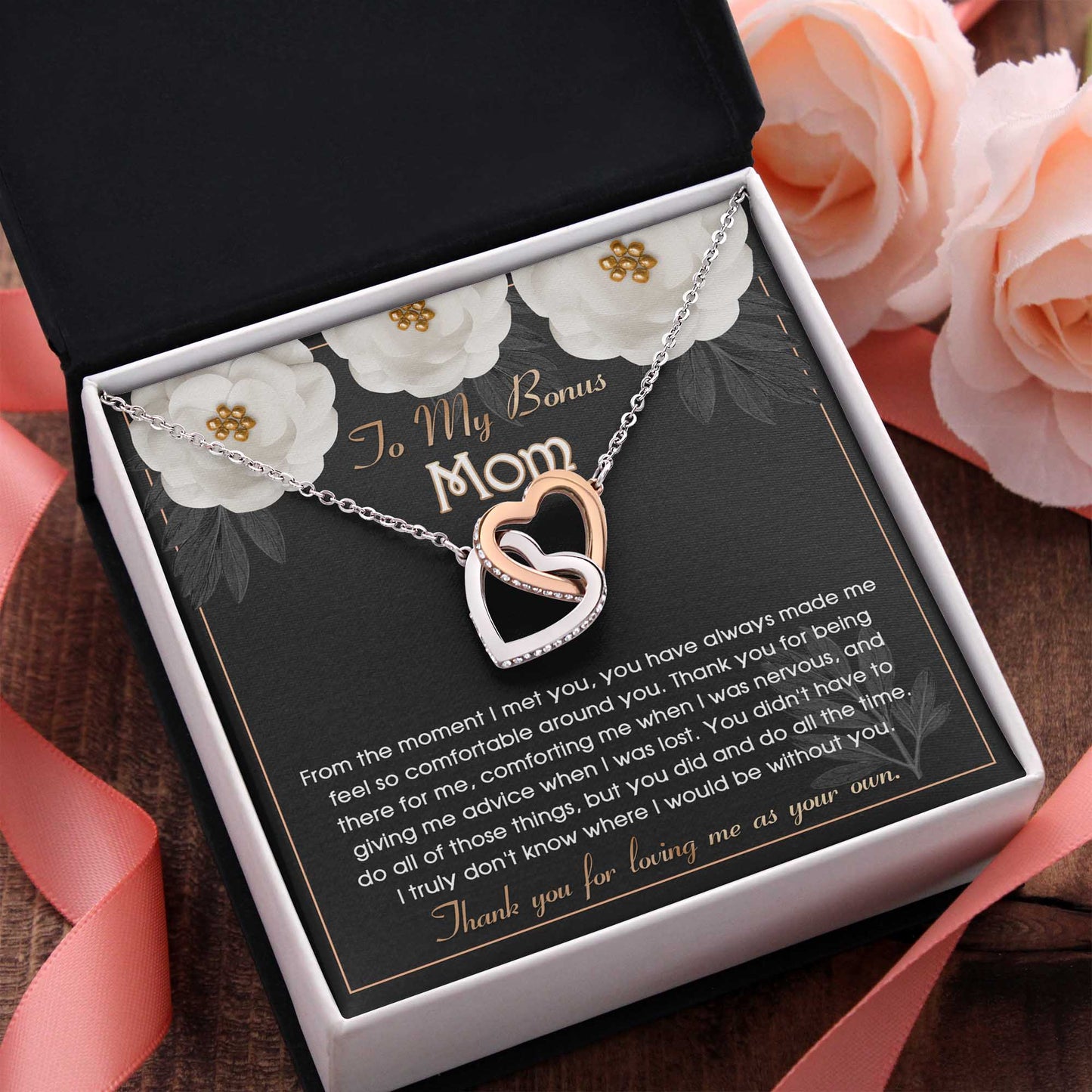 To My Bonus Mom, Thank You For Loving Me As Your Own, Interlocking Hearts Necklace