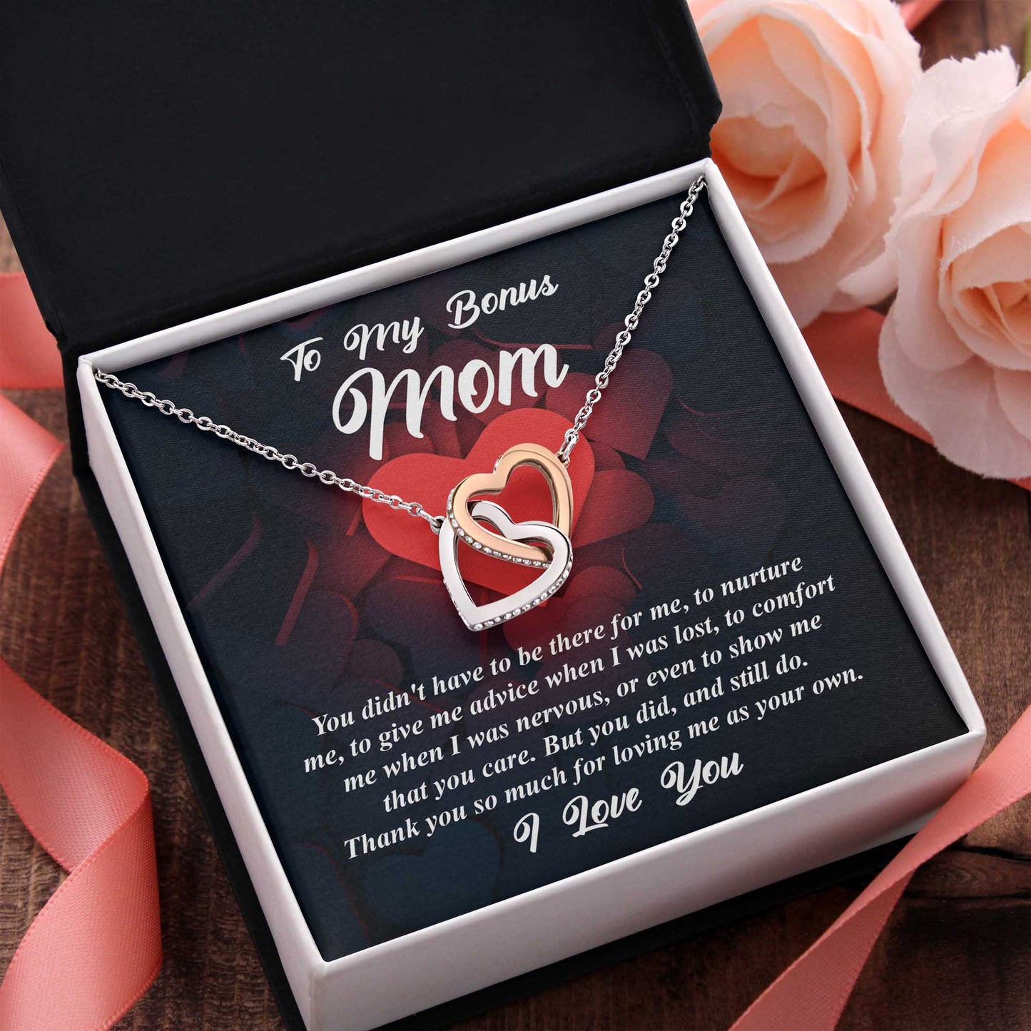 To My Bonus Mom, I Love You, Interlocking Hearts Necklace