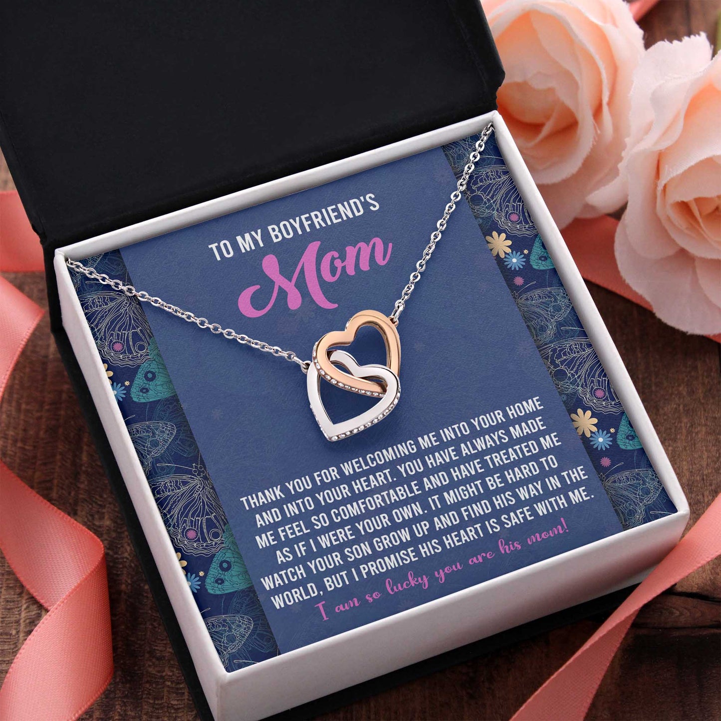 To My Boyfriend's Mom, I Am So Lucky You Are His Mom, Interlocking Hearts Necklace