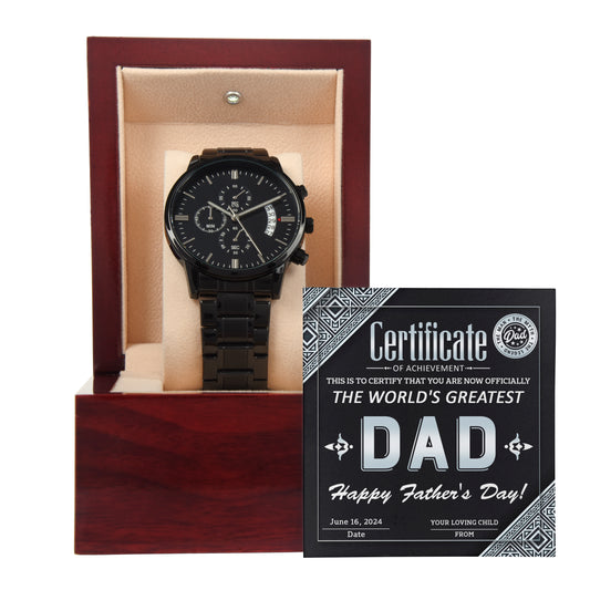 To My Dad, The Worlds Greatest Dad, Happy Fathers Day, Black Chronograph Watch, Gift For Dad