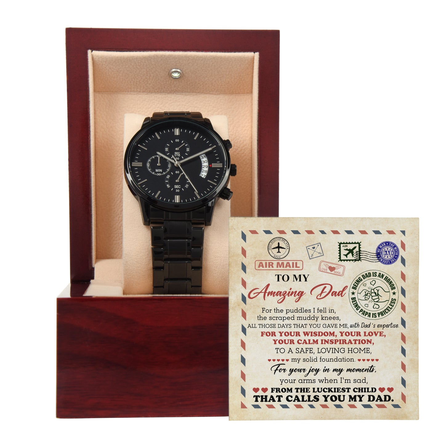 To My Dad, To My Amazing Dad, From The Luckiest Child, Black Chronograph Watch, Funny Gift For Dad