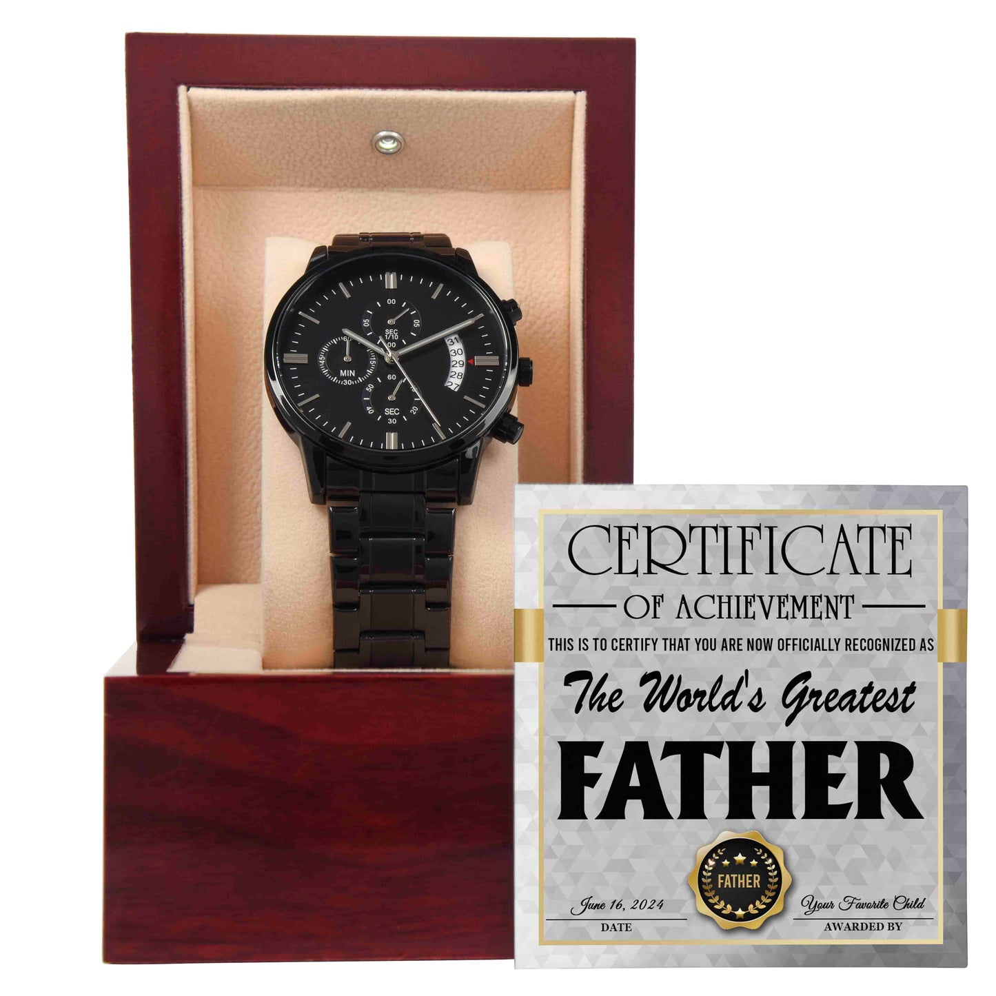 To My Dad, Certificate Of Achievement, The Worlds Greatest Father, Black Chronograph Watch, Gift For Dad