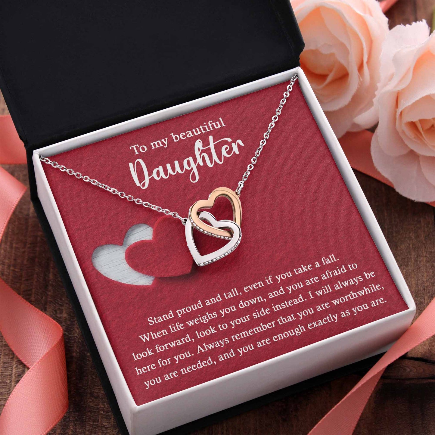 To My Daughter, I Will Always Be Here For You, Interlocking Hearts Necklace, Gift For Daughter