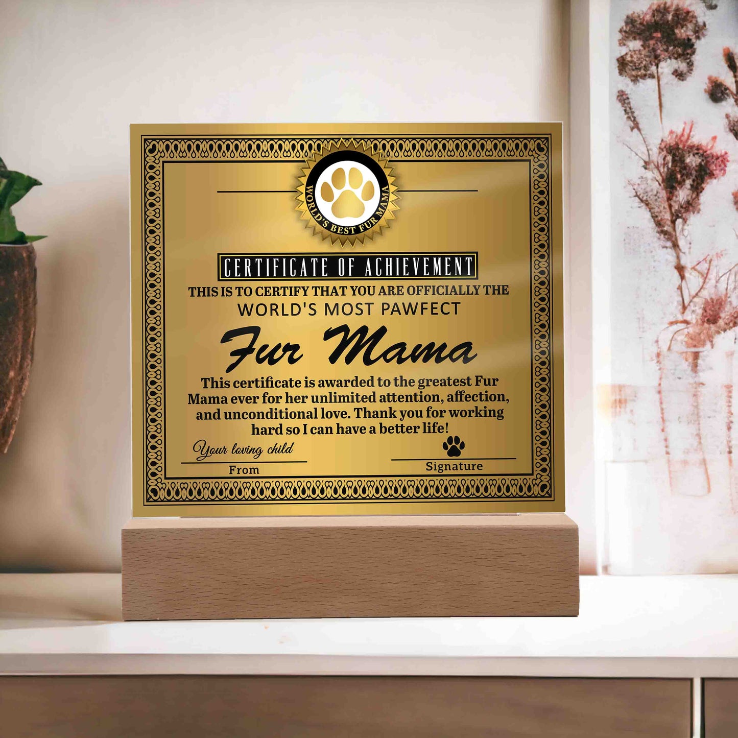 To My Fur Mama, Certificate Of Achievement, Square Acrylic Plaque