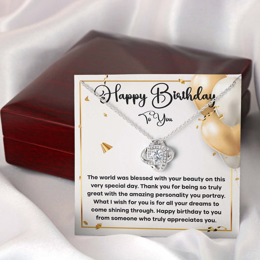 Happy Birthday To You, Love Knot Necklace Message Card