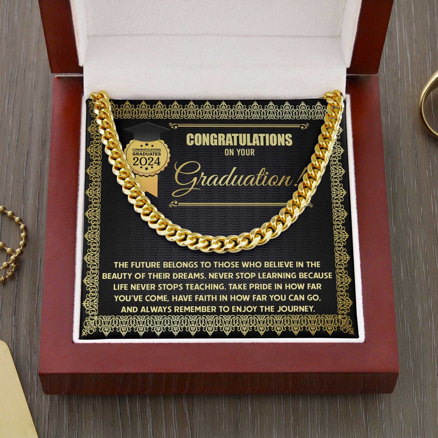 Congratulations On Your Graduation, Enjoy The Journey, Cuban Link Chain Message Card