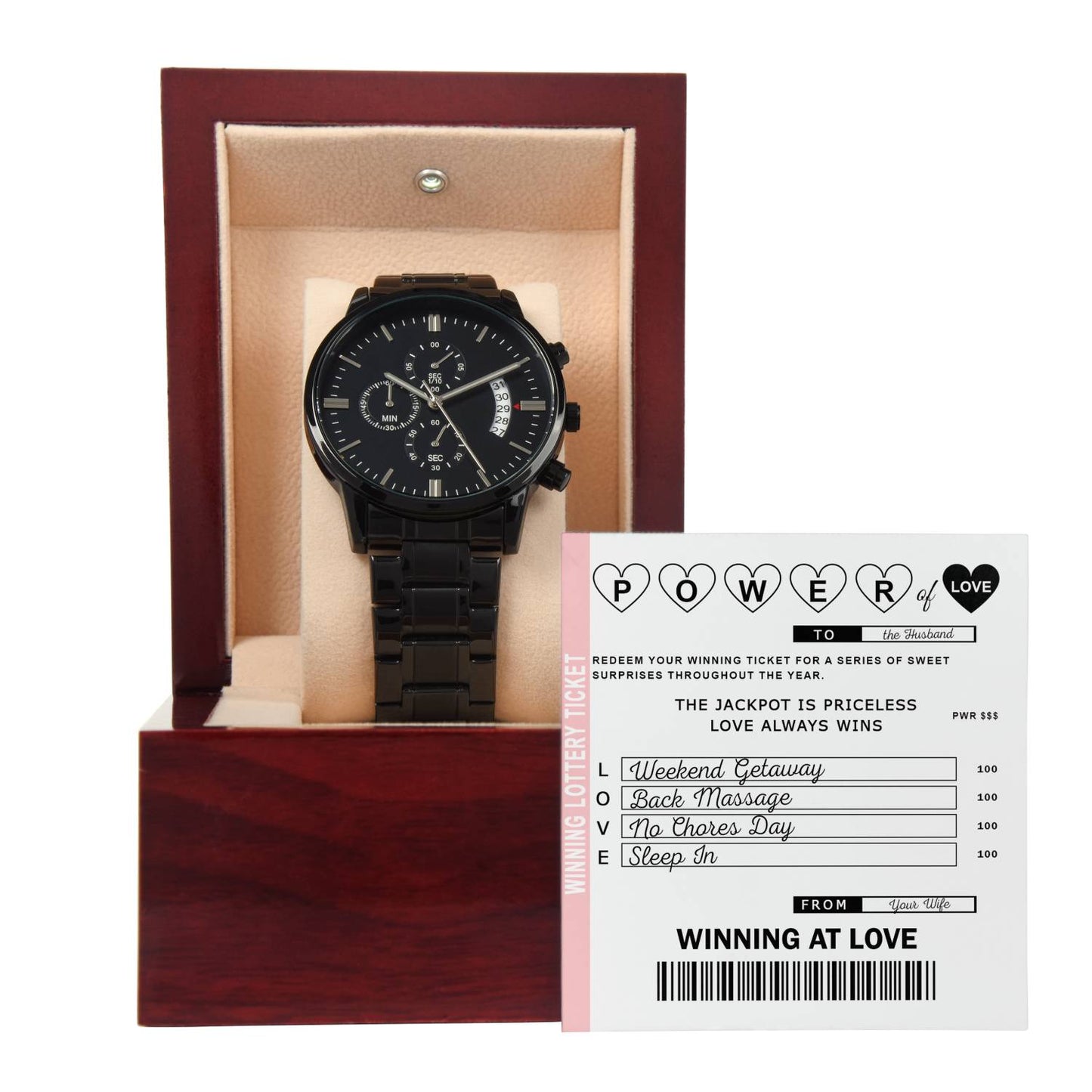 To My Husband, Power Of Love Lottery Ticket For Husband, Black Chronograph Watch