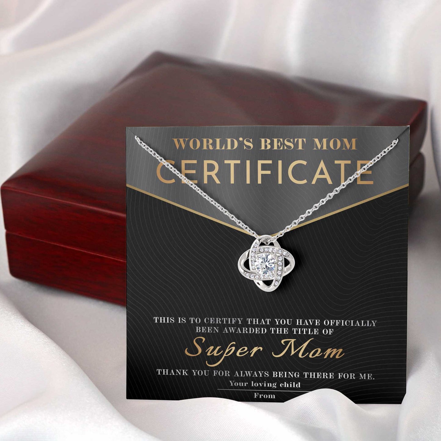 World's Best Mom Certificate, Super Mom, Love Knot Necklace