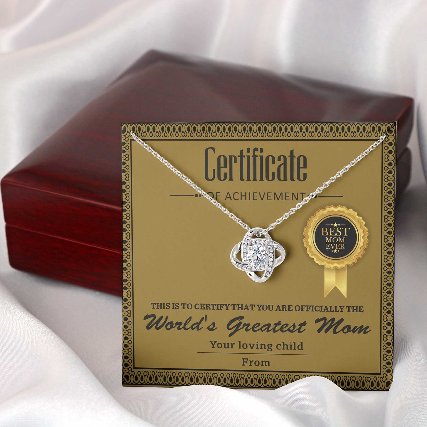 World's Greatest Mom, Certificate Of Achievement, Love Knot Necklace