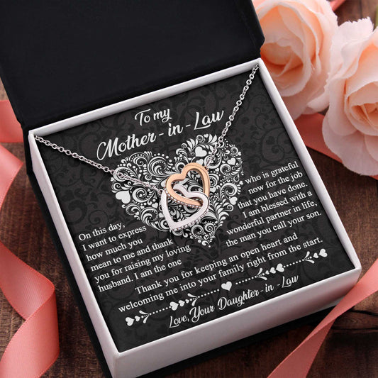 To My Mother-In-Law, Thank You For Keeping An Open Heart, Interlocking Hearts Necklace