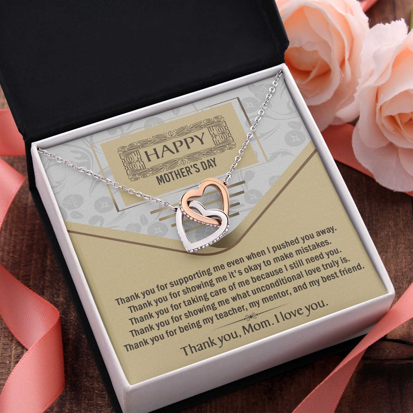 Happy Mothers Day, Thank You, Interlocking Hearts Necklace