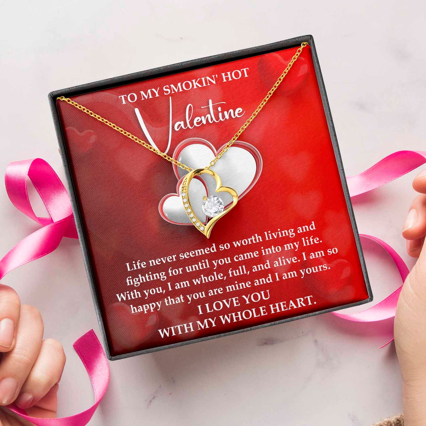 To My Smokin Hot Valentine, Forever Love Heart Necklace Message Card