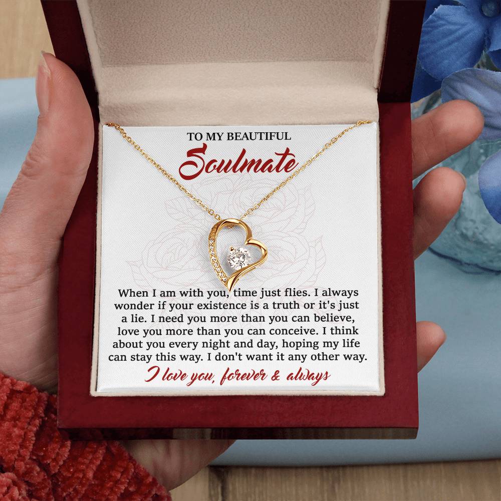 To My Beautiful Soulmate,  I Need You, Forever Love Heart Necklace Message Card