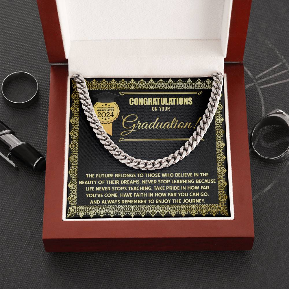 Congratulations On Your Graduation, Enjoy The Journey, Cuban Link Chain Message Card