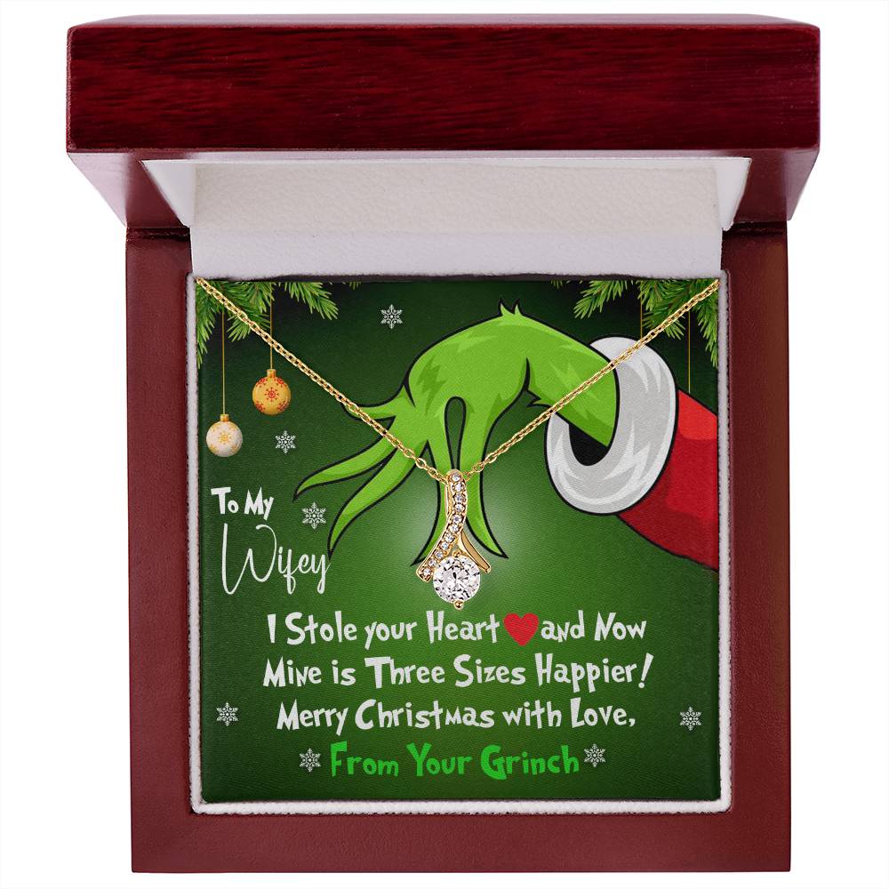 To My Wifey, I Stole Your Heart and Now Mine is 3 Sizes Happier - Grinch Inspired Message Card Jewelry - Alluring Beauty Necklace