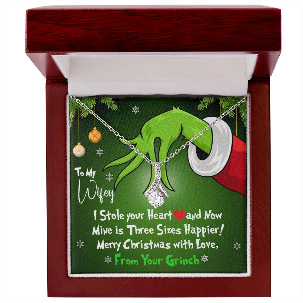 To My Wifey, I Stole Your Heart and Now Mine is 3 Sizes Happier - Grinch Inspired Message Card Jewelry - Alluring Beauty Necklace