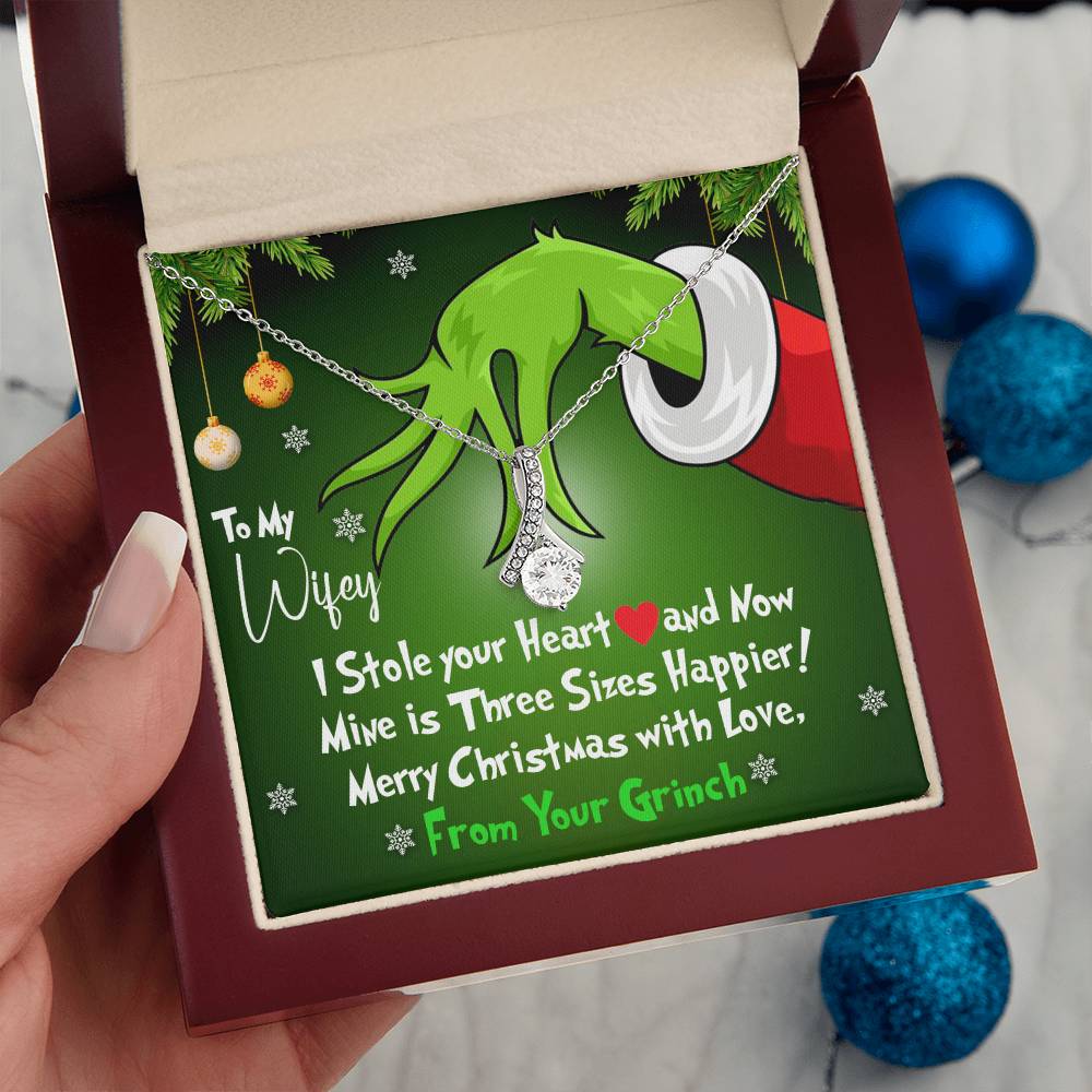 To My Wifey, I Stole Your Heart and Now Mine is 3 Sizes Happier - Grinch Inspired Message Card Jewelry - Alluring Beauty Necklace