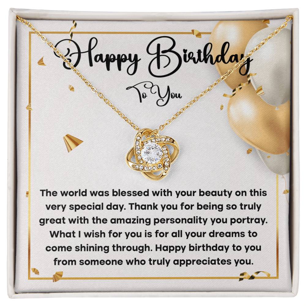 Happy Birthday To You, Love Knot Necklace Message Card