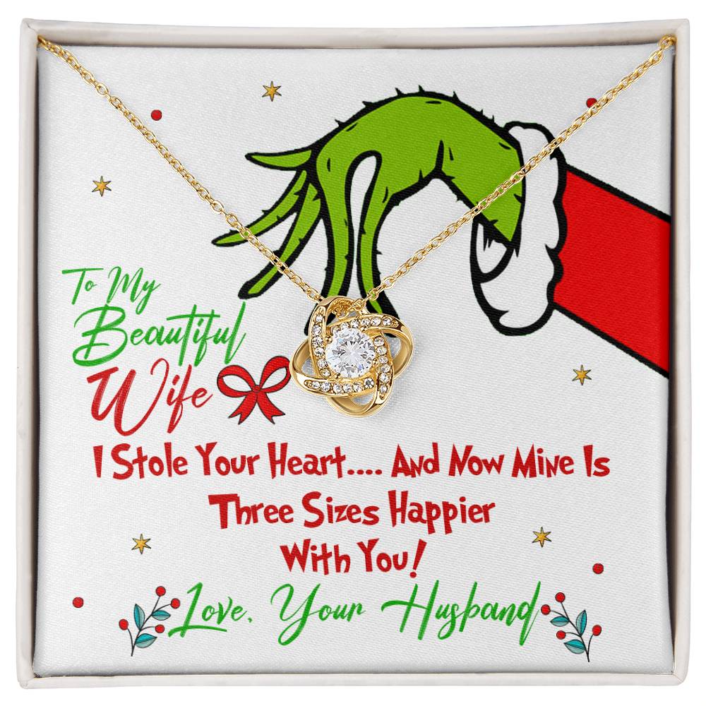 To My Beautiful Wife, Grinch Necklace For Wife, I Stole Your Heart, Love Knot Necklace Message Card