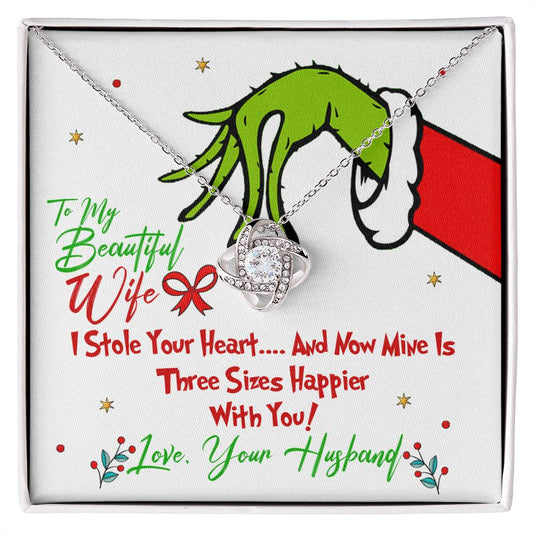 To My Beautiful Wife, Grinch Necklace For Wife, I Stole Your Heart, Love Knot Necklace Message Card