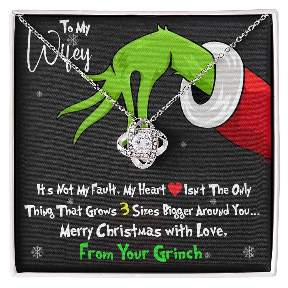 Grinch Necklace For Wife, Funny Gift For Wife, My Heart Isn't The Only Thing That Grows 3X Bigger Around You, Love Knot Necklace Message Card