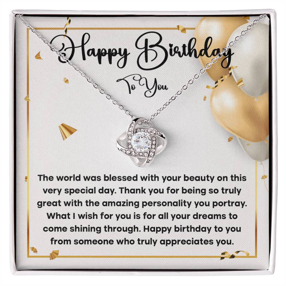 Happy Birthday To You, Love Knot Necklace Message Card