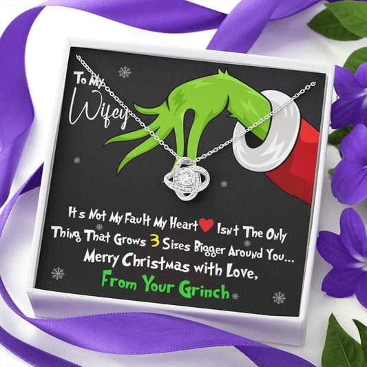 To My Wife, I Stole Your Heart and Now Mine is 3 Sizes Happier With You! - Grinch Inspired Message Card Jewelry - Love Knot Necklace