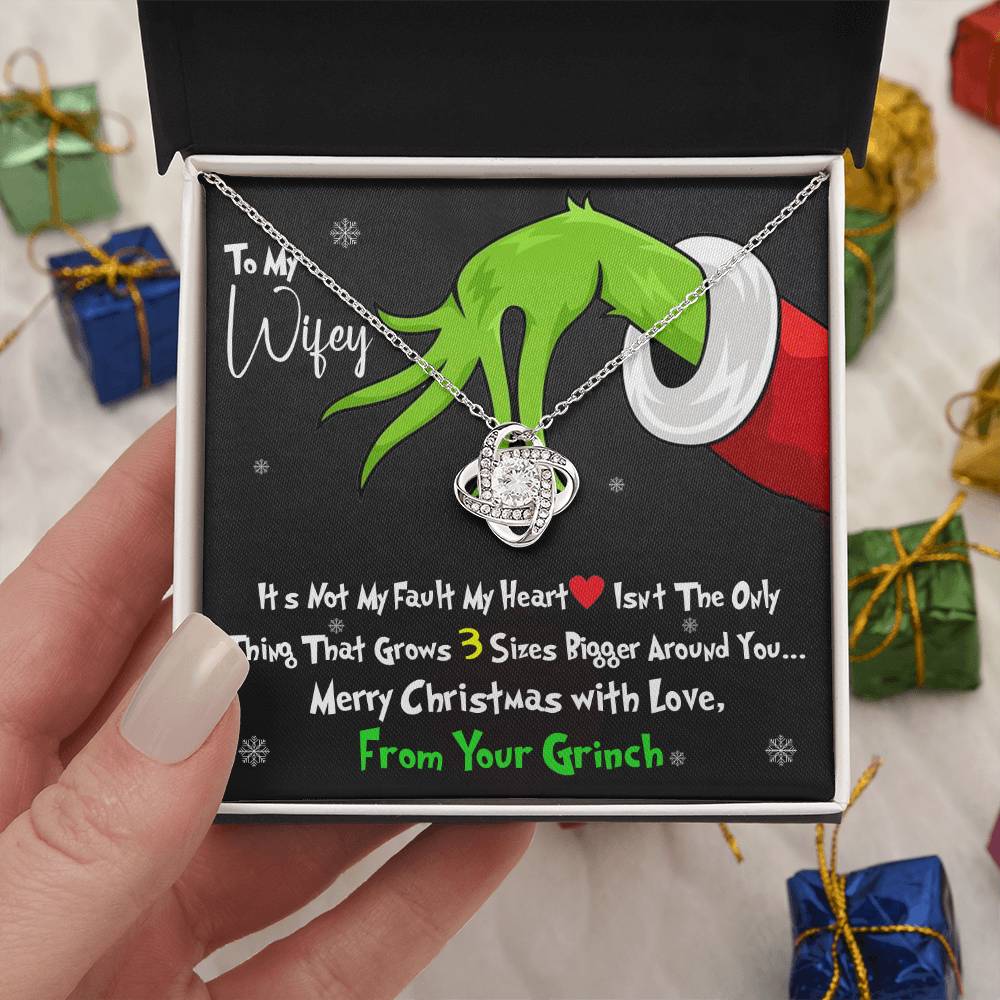 Grinch Necklace For Wife, Funny Gift For Wife, My Heart Isn't The Only Thing That Grows 3X Bigger Around You, Love Knot Necklace Message Card