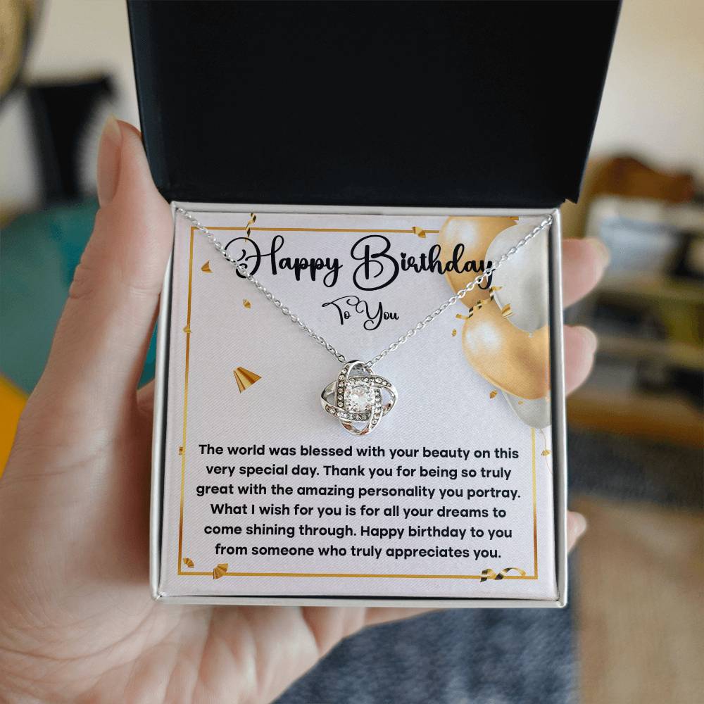 Happy Birthday To You, Love Knot Necklace Message Card