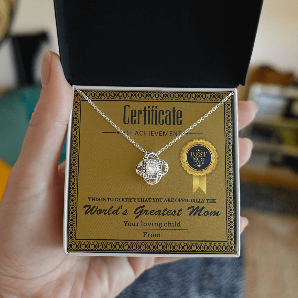 World's Greatest Mom, Certificate Of Achievement, Love Knot Necklace