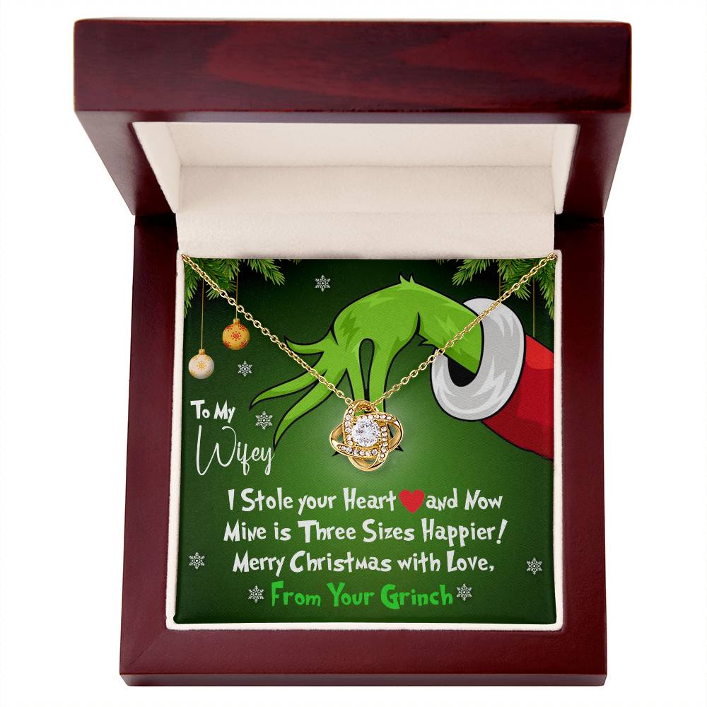 To My Wifey, I Stole Your Heart and Now Mine is 3 Sizes Happier - Grinch Inspired Message Card Jewelry - Love Knot Necklace