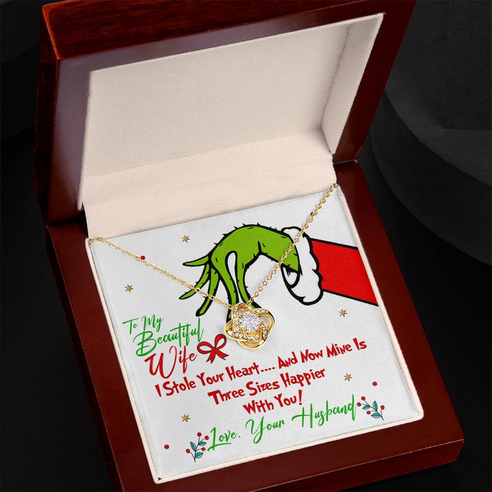 To My Beautiful Wife, Grinch Necklace For Wife, I Stole Your Heart, Love Knot Necklace Message Card