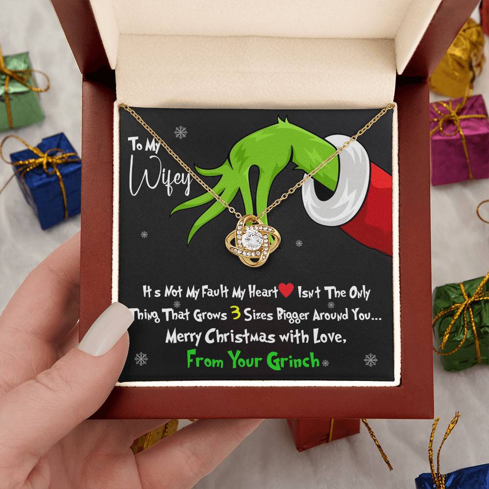 Grinch Necklace For Wife, Funny Gift For Wife, My Heart Isn't The Only Thing That Grows 3X Bigger Around You, Love Knot Necklace Message Card