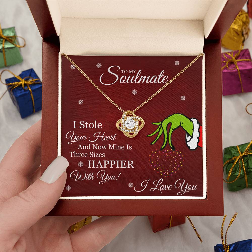 Grinch Necklace For Wife, To My Soulmate, I Stole Your Heart, Love Knot Necklace Message Card