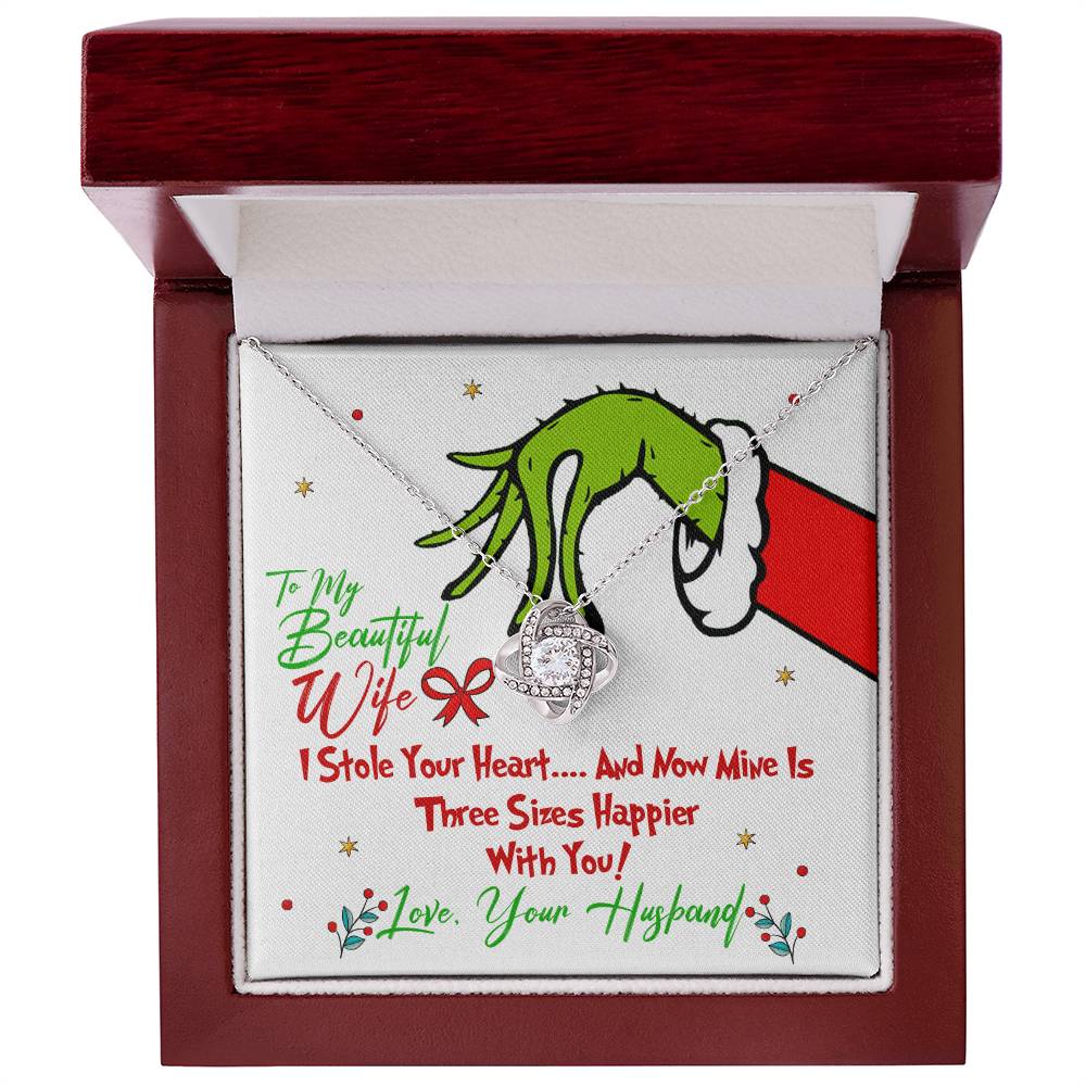 To My Beautiful Wife, Grinch Necklace For Wife, I Stole Your Heart, Love Knot Necklace Message Card