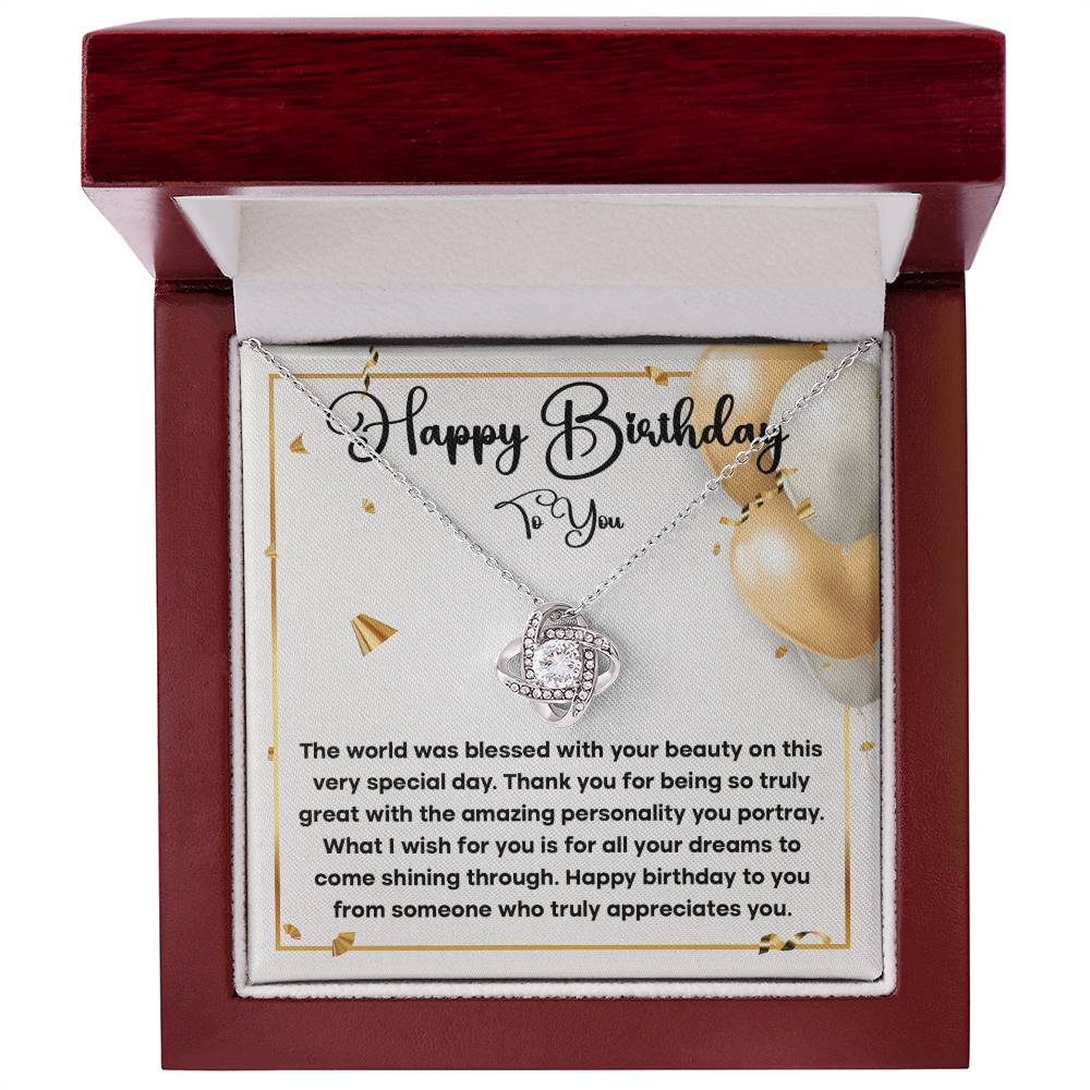 Happy Birthday To You, Love Knot Necklace Message Card