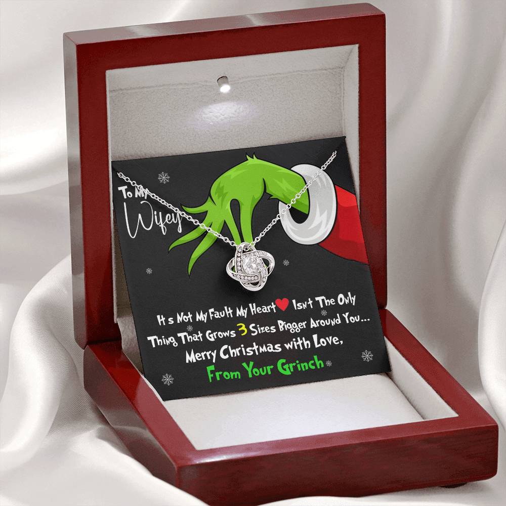 To My Wife, I Stole Your Heart and Now Mine is 3 Sizes Happier With You! - Grinch Inspired Message Card Jewelry - Love Knot Necklace